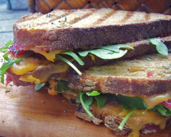 grilled sharp cheddar cheese panini with cranberry mustard and arugula