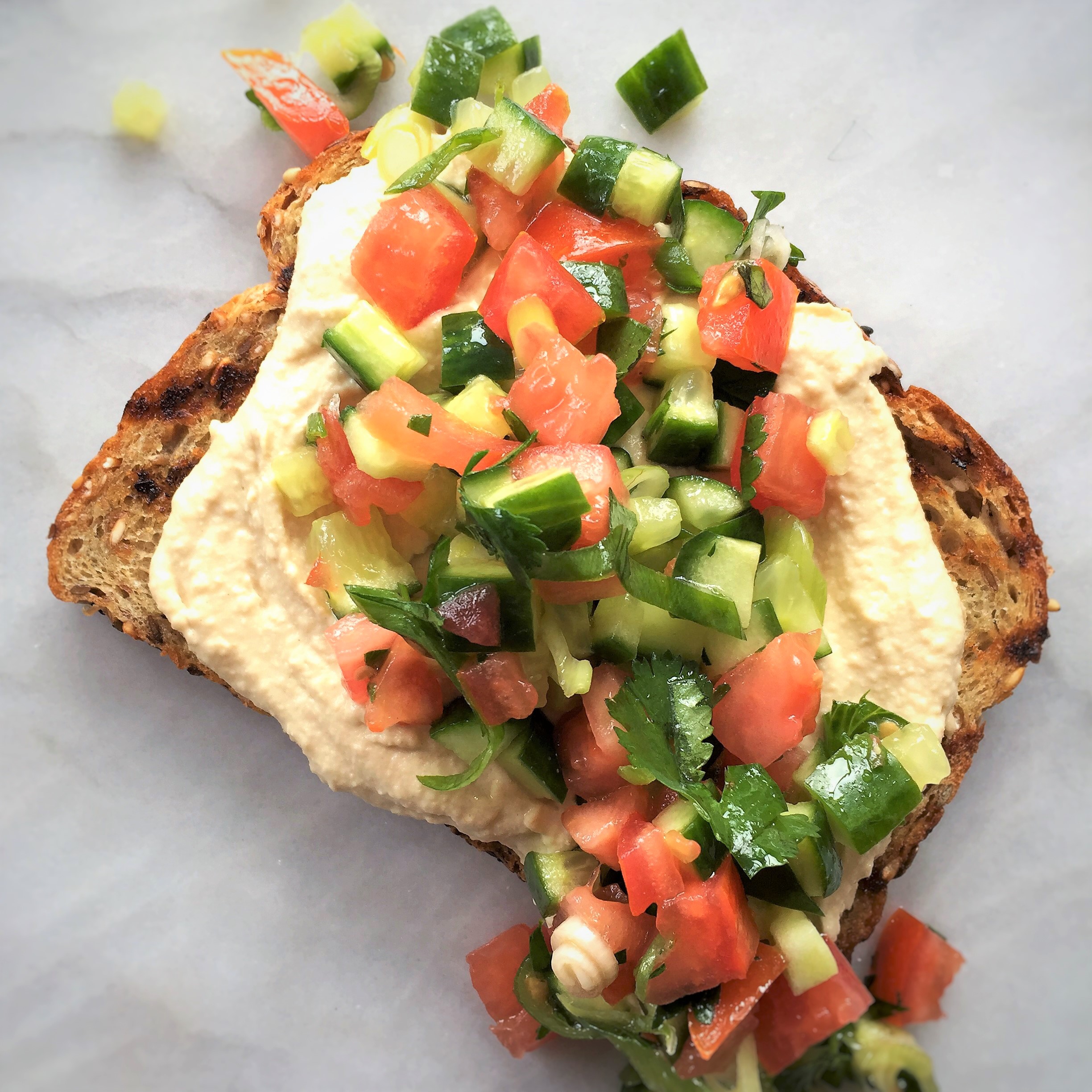 grilled hummus toast with middle eastern “salsa” -- Meatless Monday