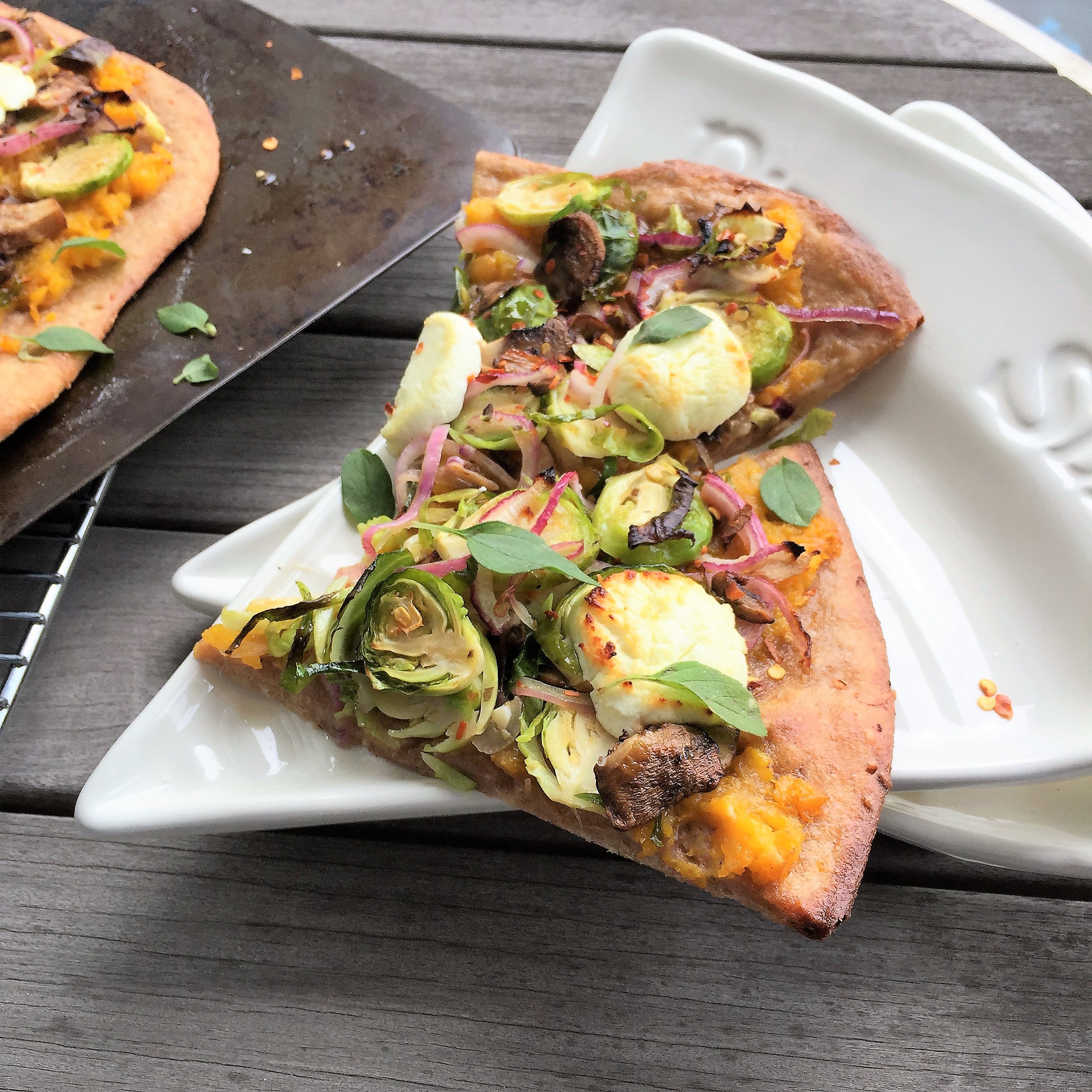 Brussels Sprouts & Butternut Squash Pizza with Goat Cheese