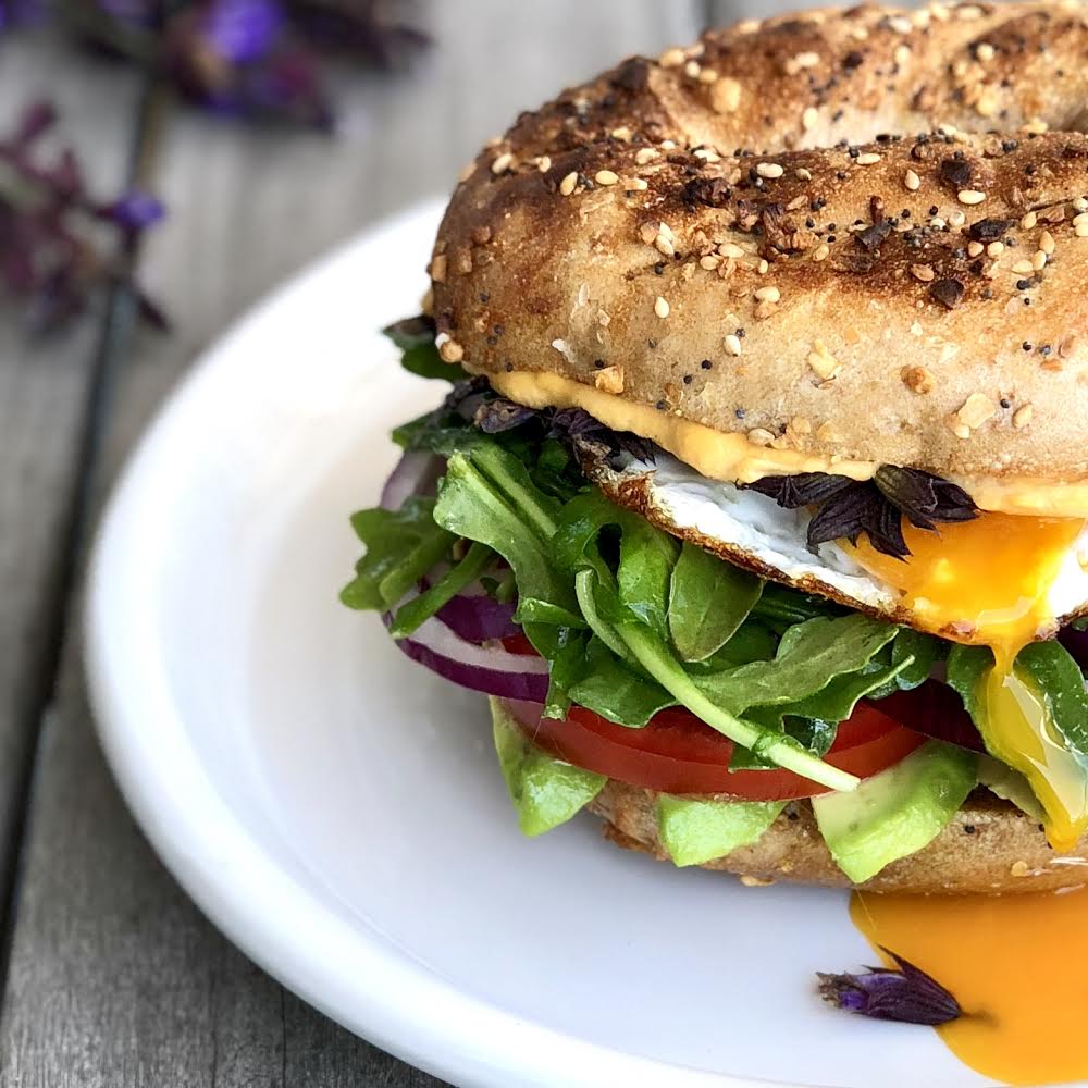 breakfast egg sandwich with sage flowers