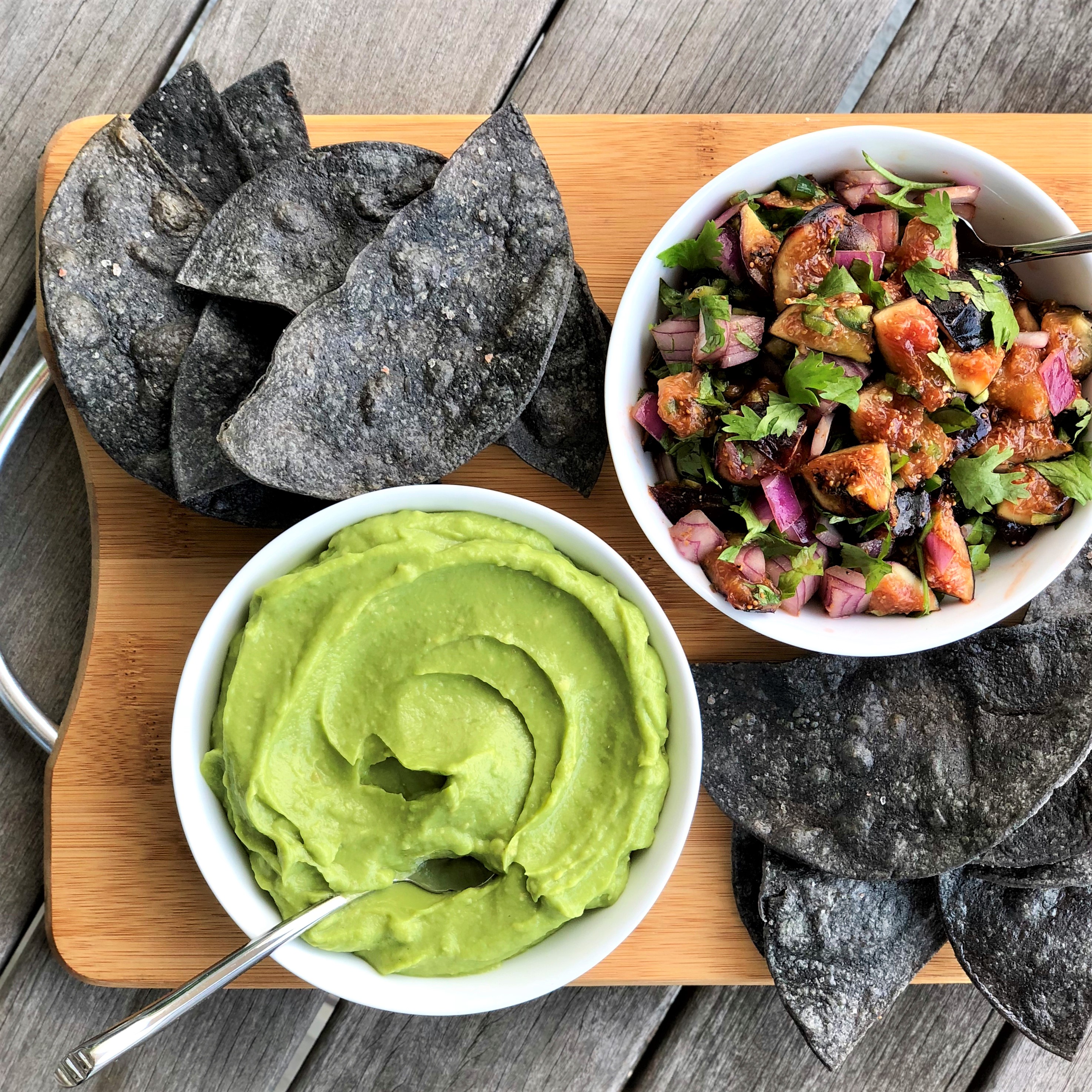 Grilled Fig Salsa with Avocado Dip and Baked Tortilla Crisps