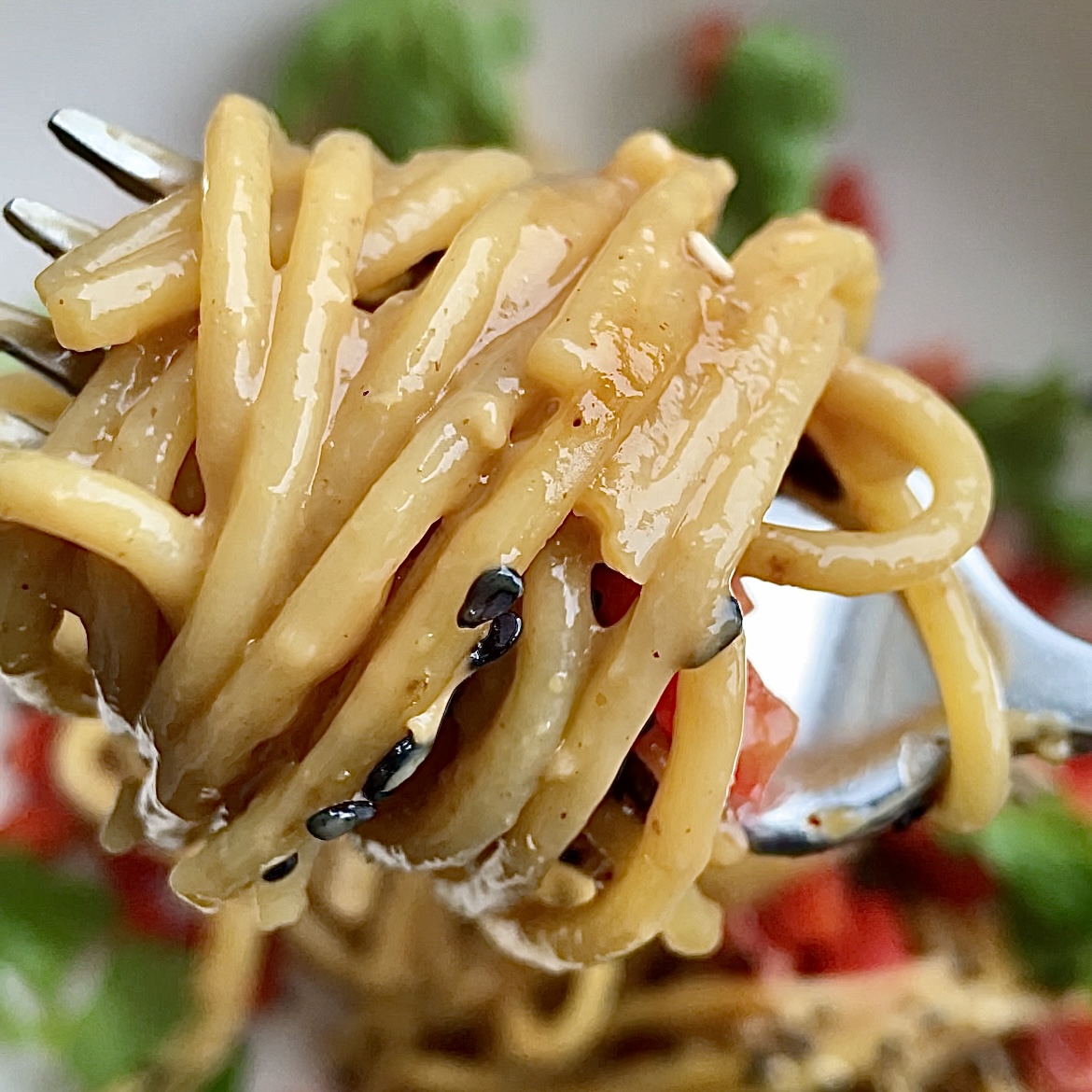 warm peanut noodles with cool “confetti” veggies