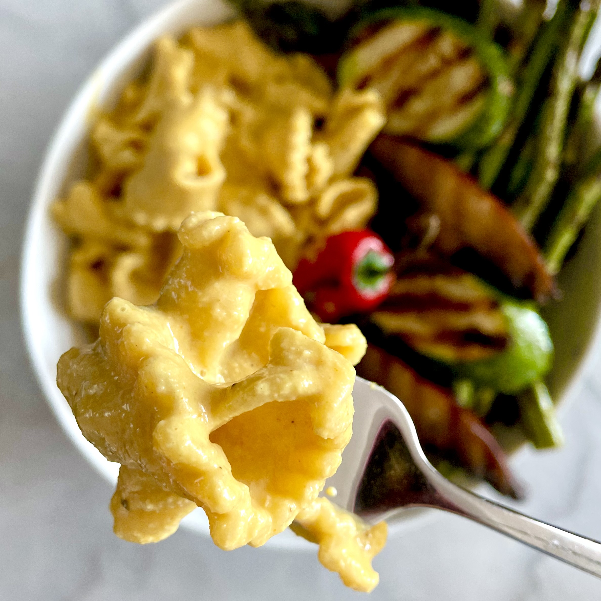 plant-based mac and cheese and veggies
