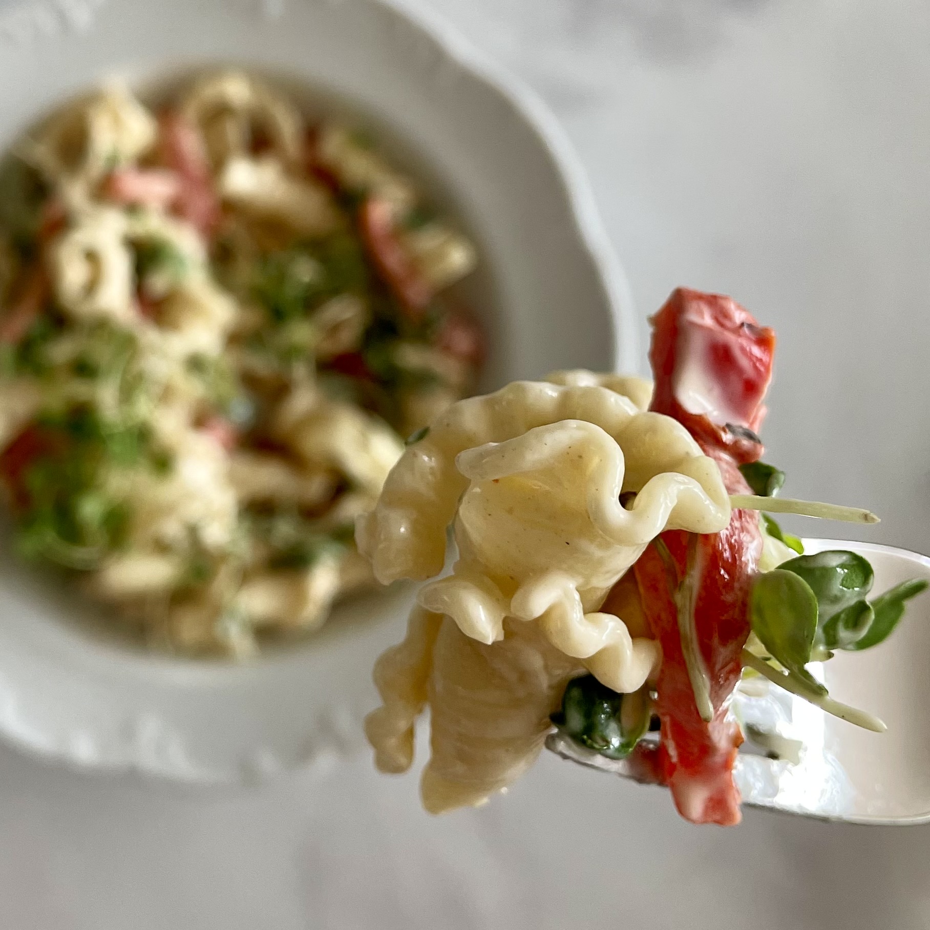 creamy plant-based macaroni salad_a forkful of the salad