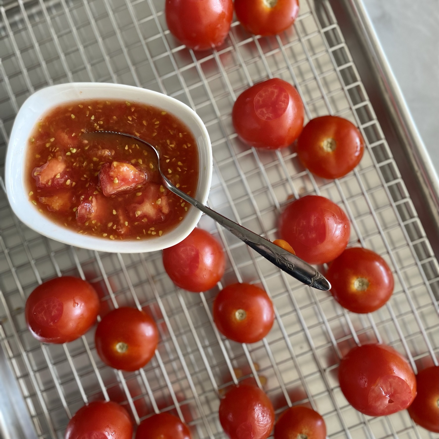Salad-Stuffed Campari Tomatoes with scooped tomato pulp