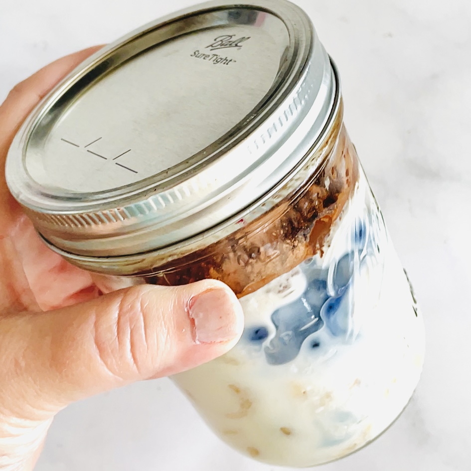Overnight Creamy Cashew Chocolate Shake in a sealed jar before blending