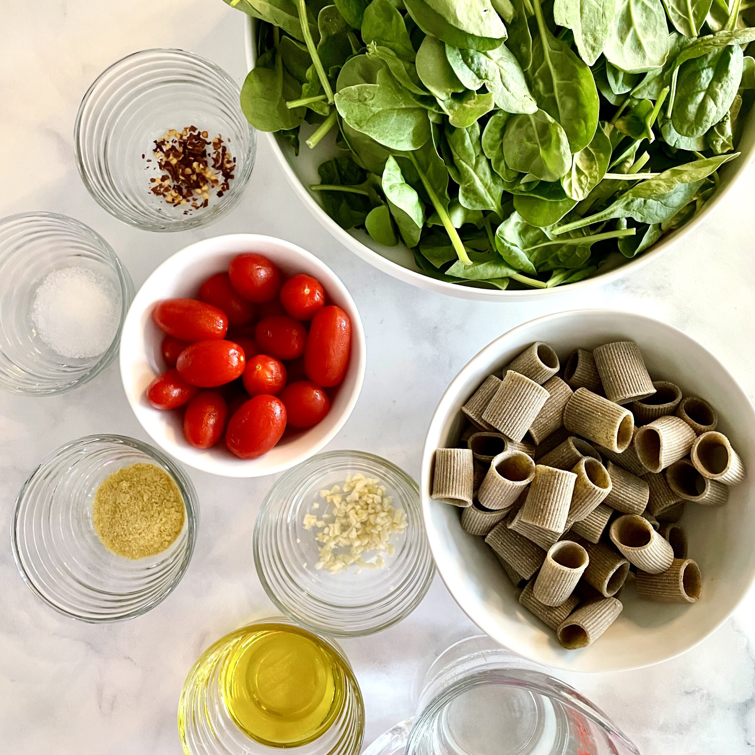 ingredients for easy one-pot pasta with lemony greens and cashew cheese