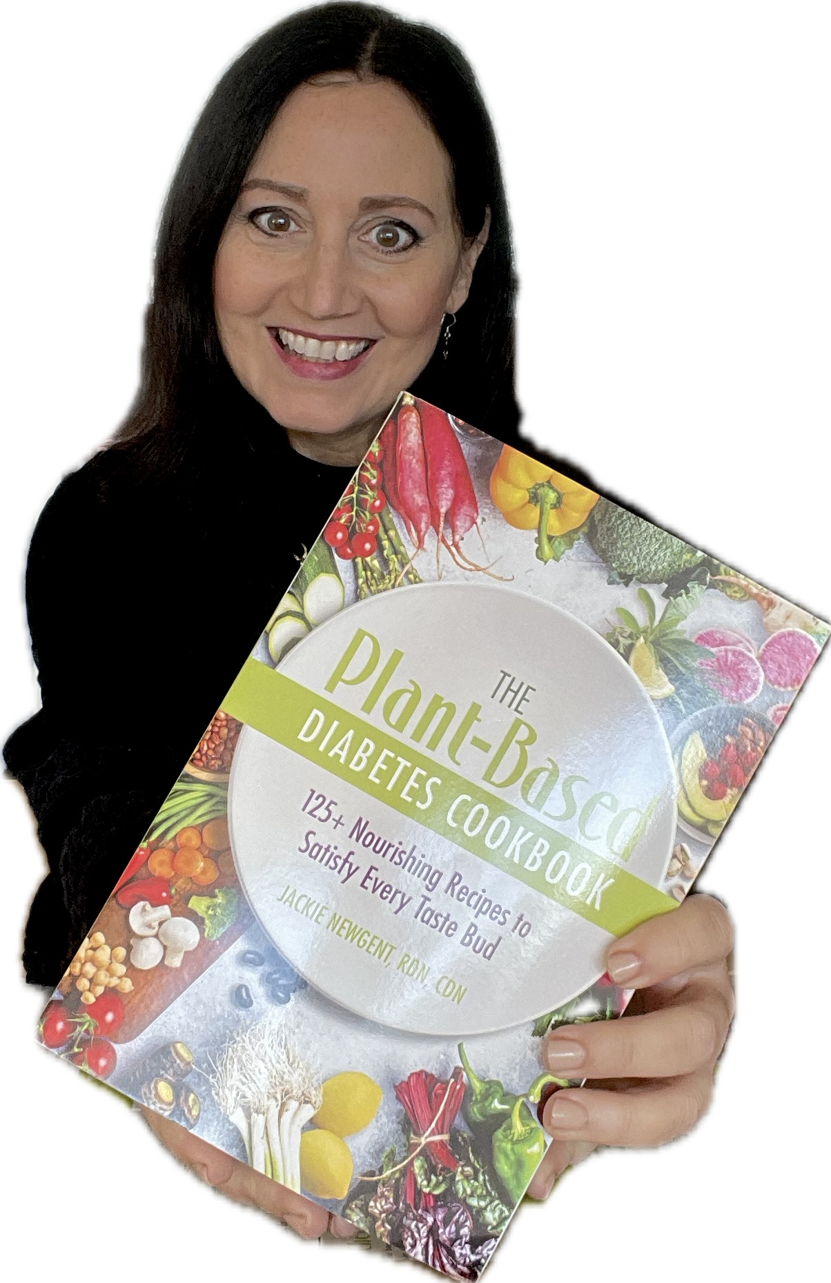 Jackie Newgent holding her new book, The Plant-Based Diabetes Cookbook