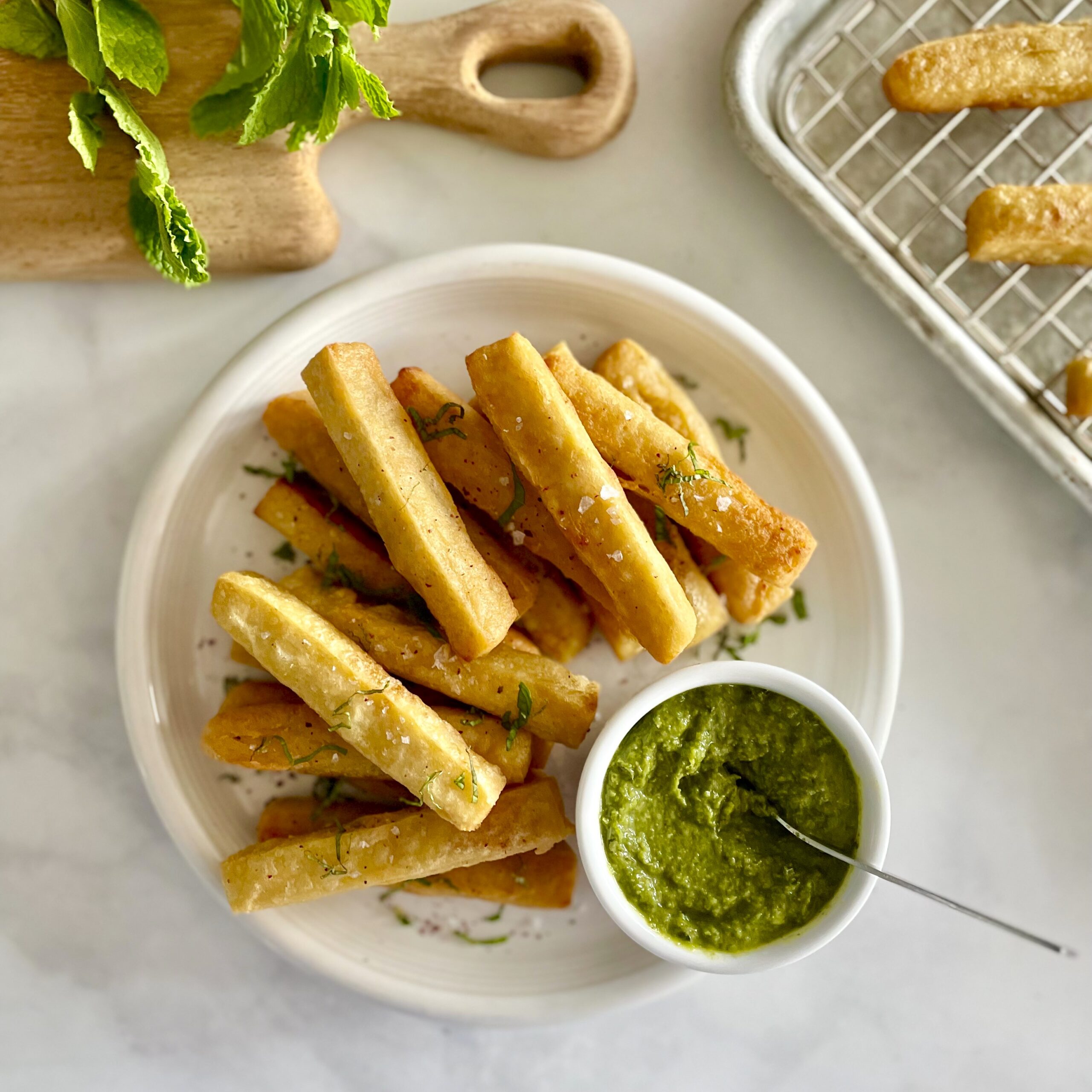 platter of chickpea fries with zhoug