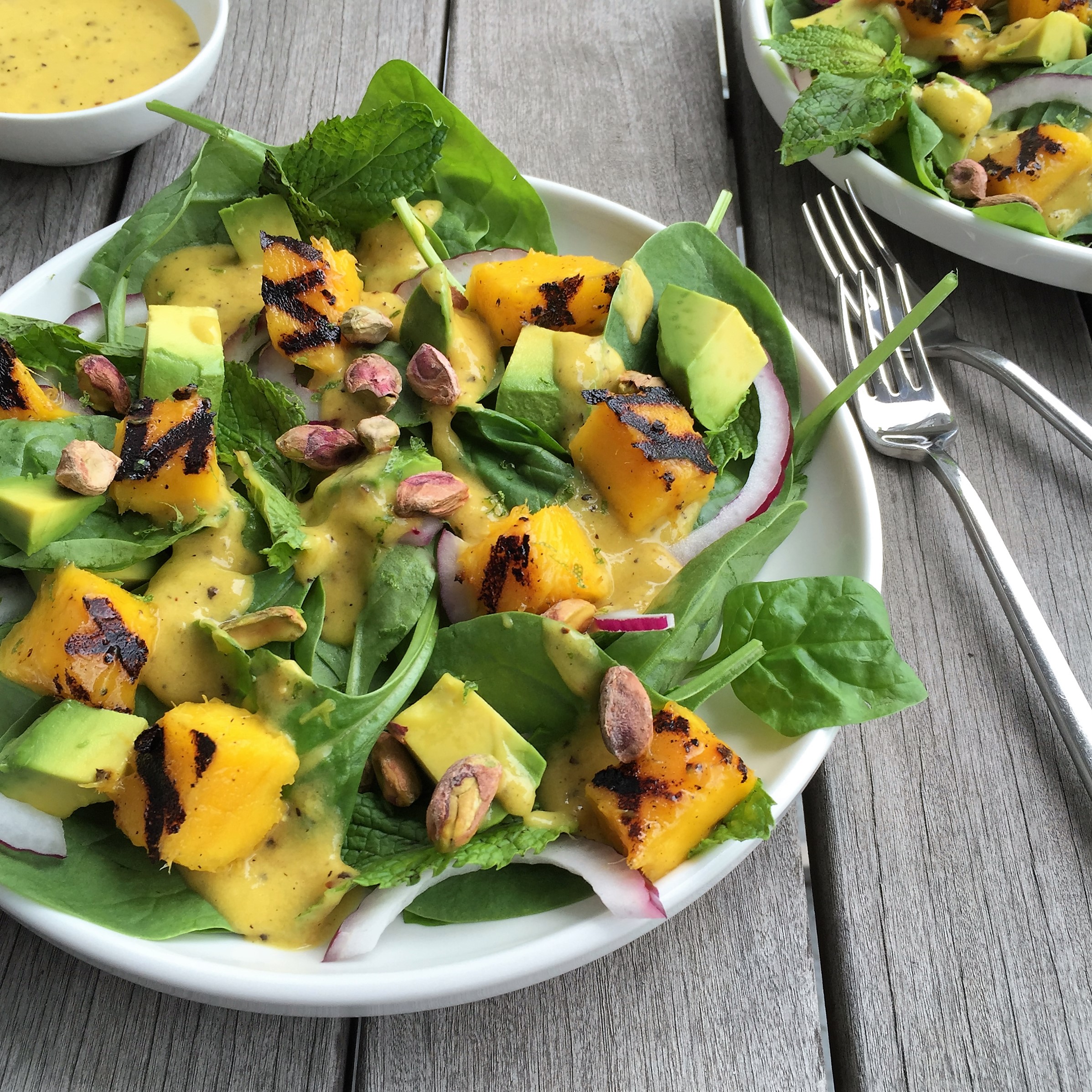 grilled mango salad with avocado &amp; pistachios - Jackie Newgent