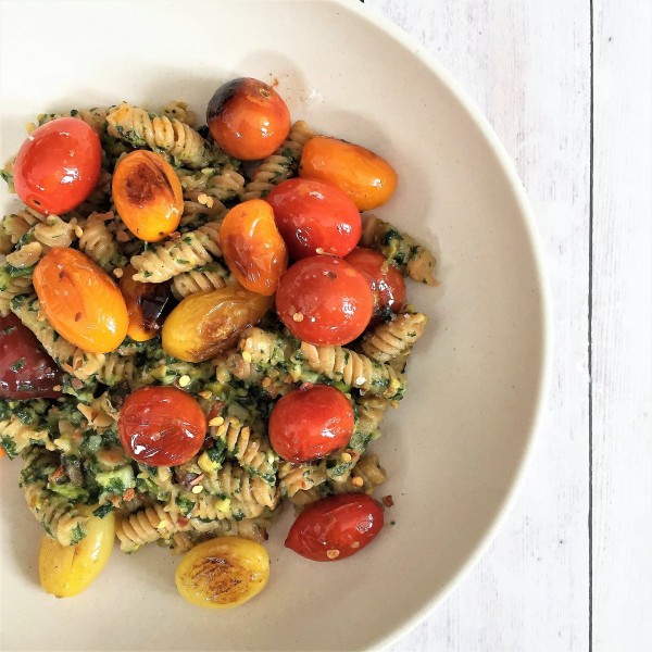 red lentil pasta with vegan basil-pistachio pesto - Jackie Newgent