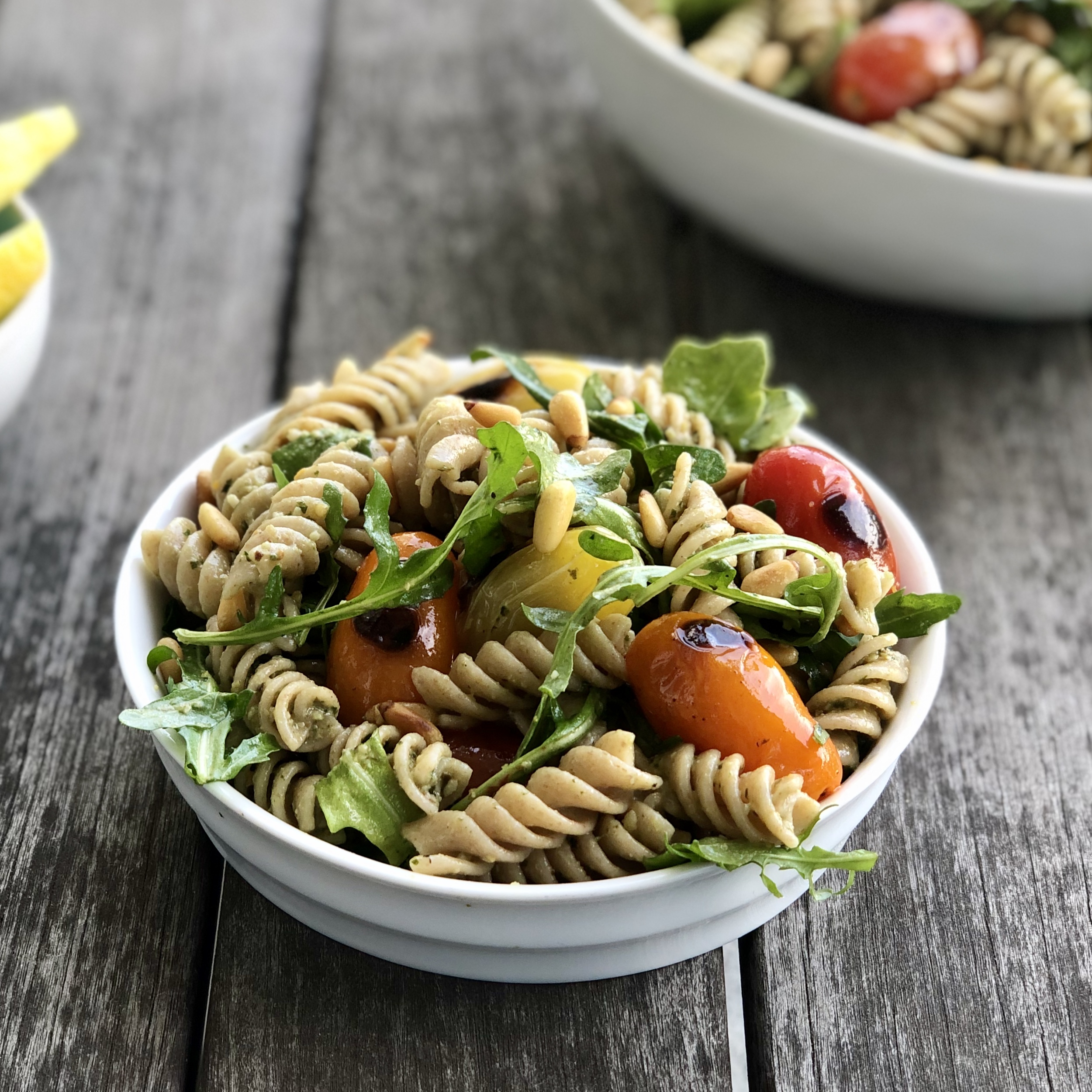 plant-based pesto pasta salad with grilled grape tomatoes - Jackie Newgent