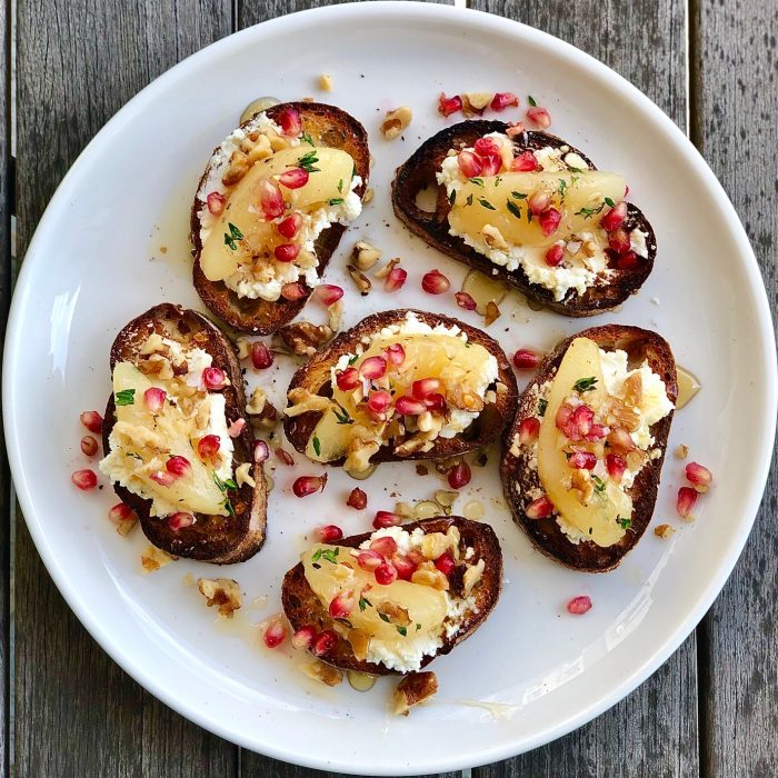 cashew cheese bruschetta with pear-thyme “compote”