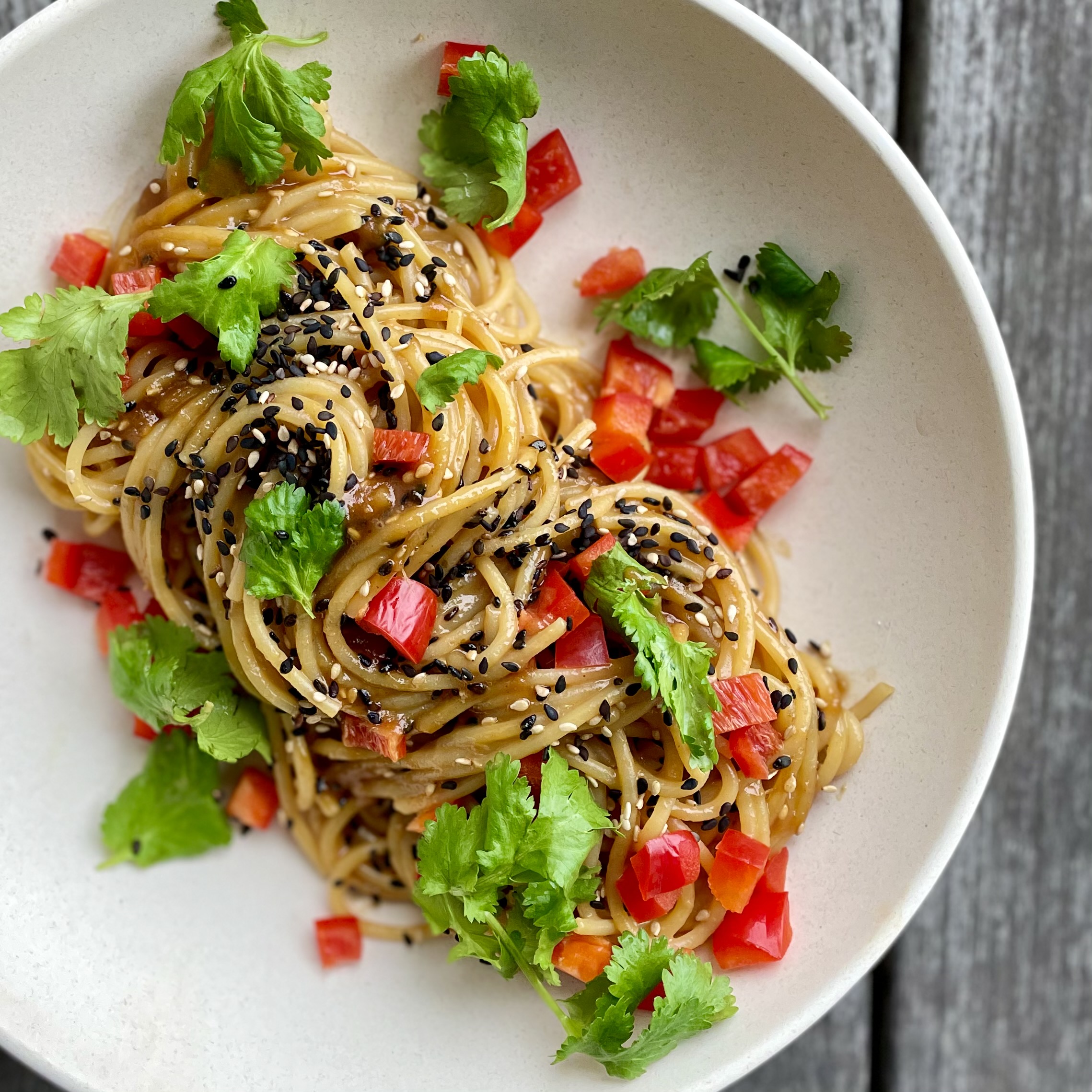 warm peanut noodles with cool confetti veggies - Jackie Newgent