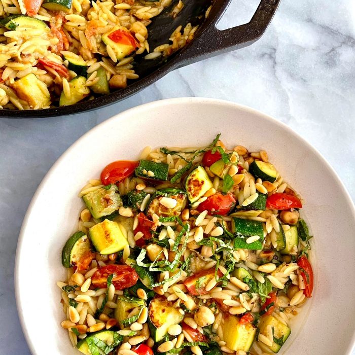 lemony herb “orzotto” with garlicky chickpeas and zucchini