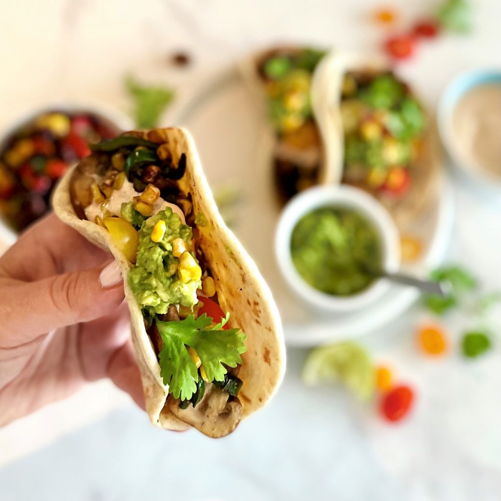 plant-based baby bella, poblano, and corn tacos - Jackie Newgent