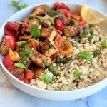bowl with lebanese tempeh and bell pepper and rice