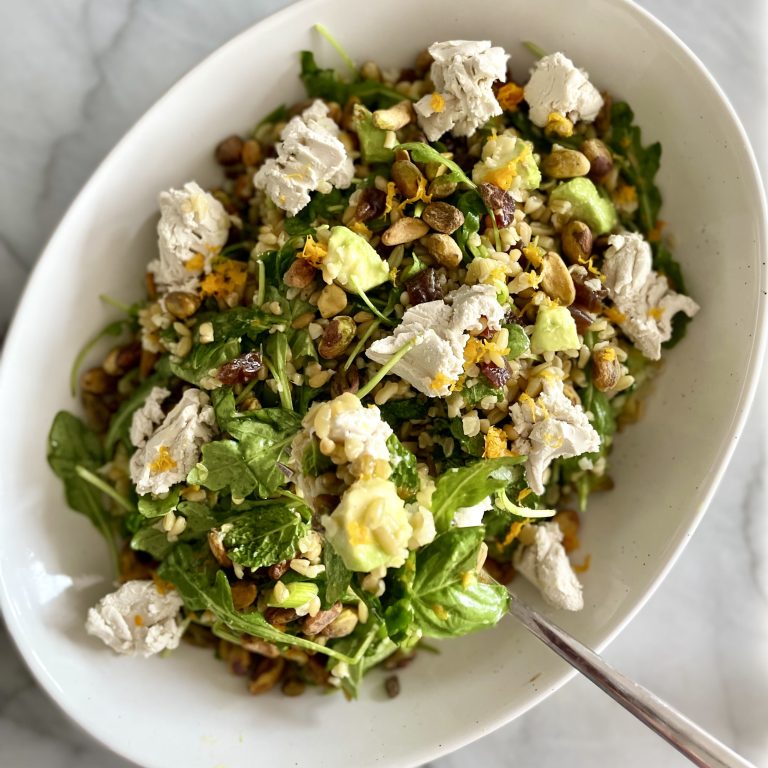 herbed freekeh salad with avocado, pistachios and citrus vinaigrette_with serving fork