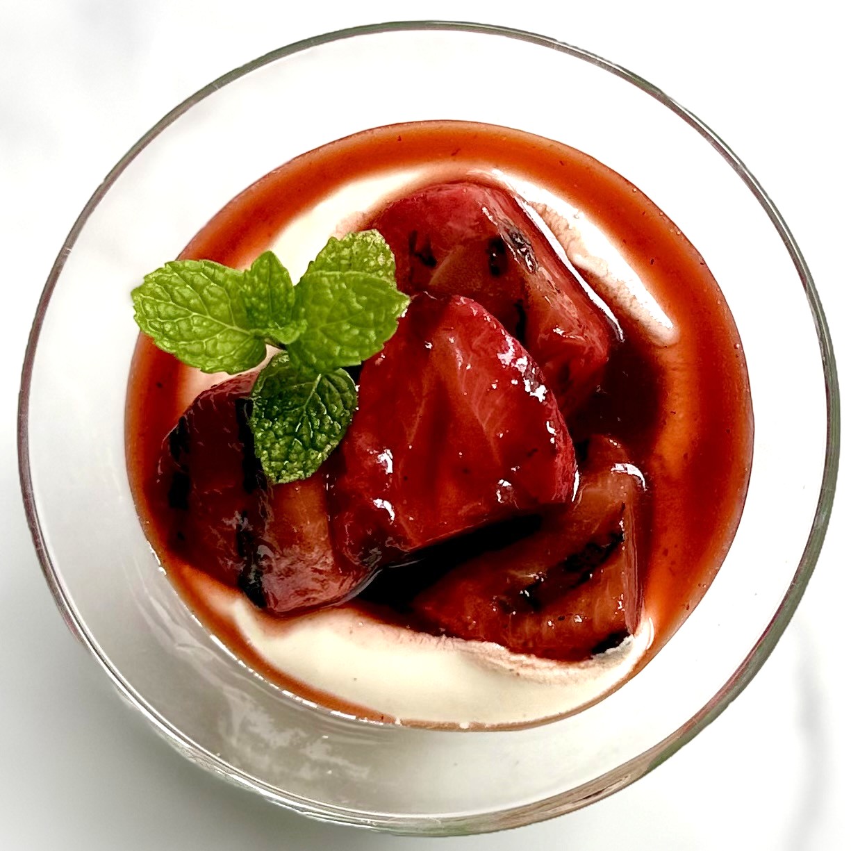 plant-based Grilled Balsamic Strawberries with Whipped Vanilla Cashew Pudding overhead shot